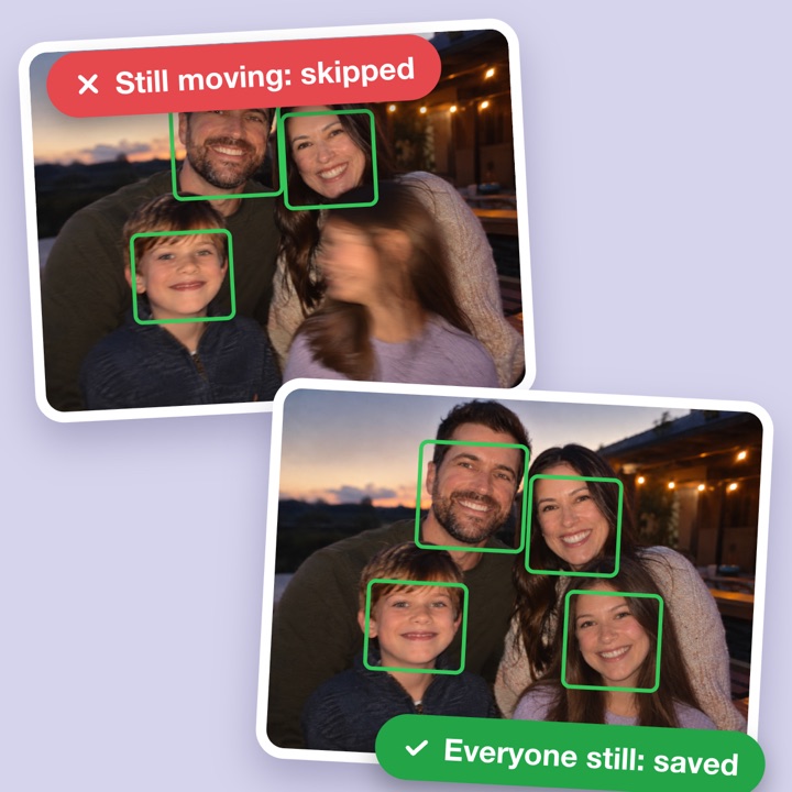 Two versions of a smiling family photo: a blurry one marked skipped and a sharp one marked saved
