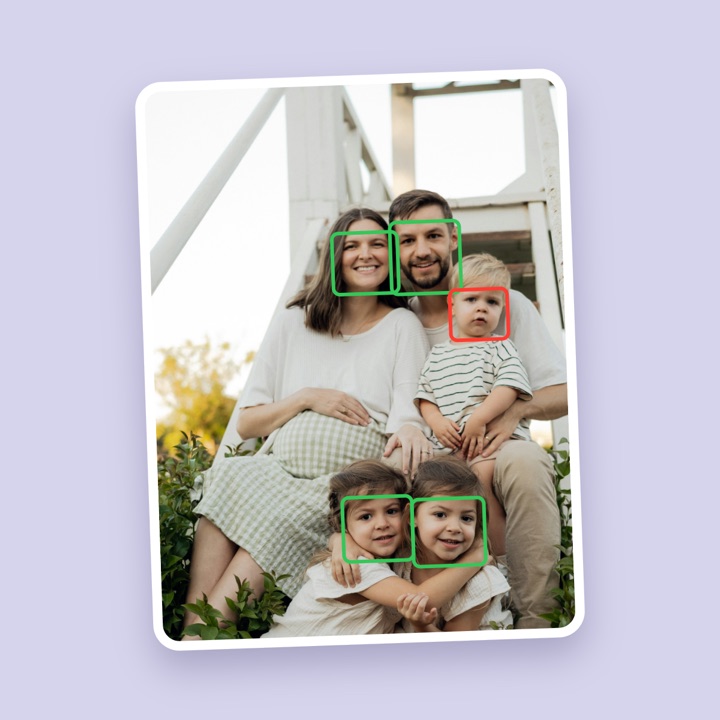 A family photo with four smiling faces outlined in green and a toddler who isn't smiling outlined in red